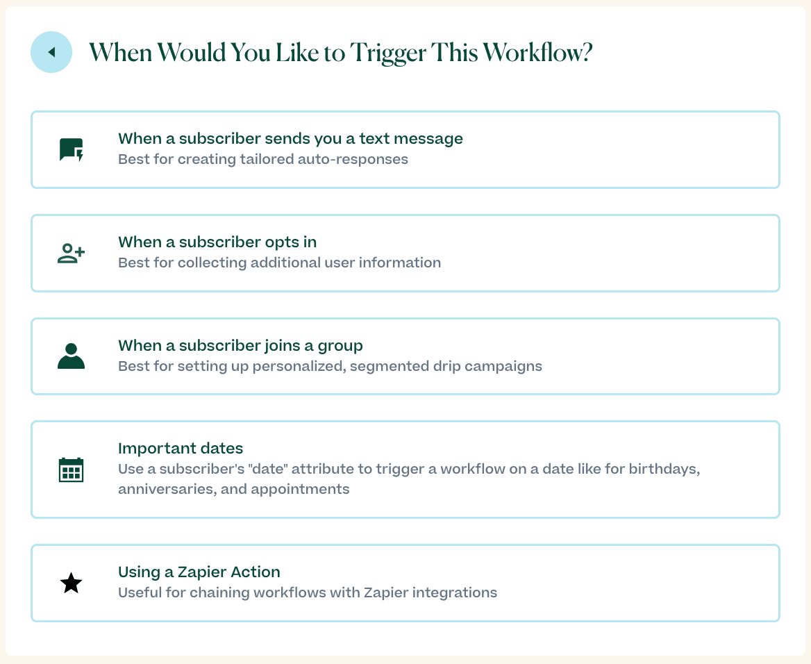 Screenshot showing different kinds of triggers you can set up for SMS workflows