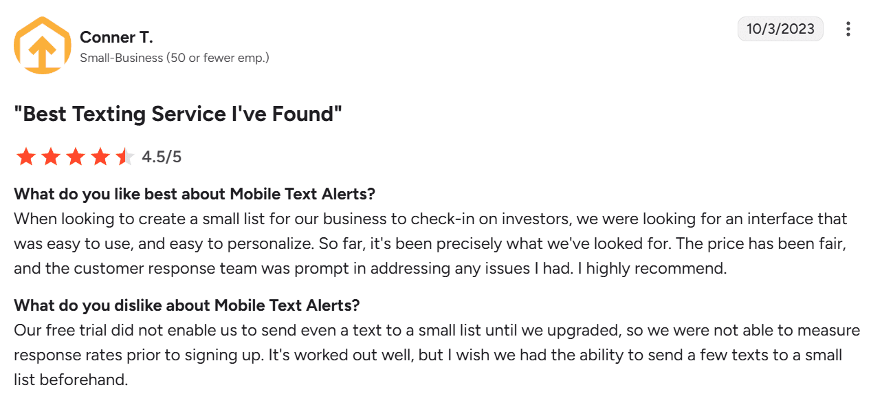 Screenshot of review of Mobile Text Alerts from G2
