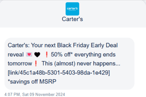 Promotional SMS example from Carter's for Black Friday
