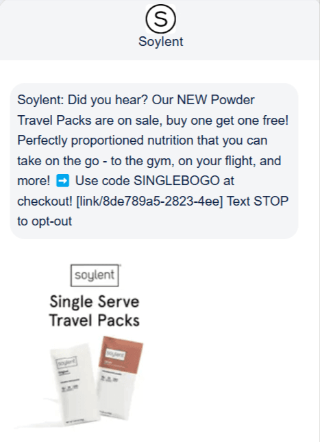 Promotional SMS example from Soylent