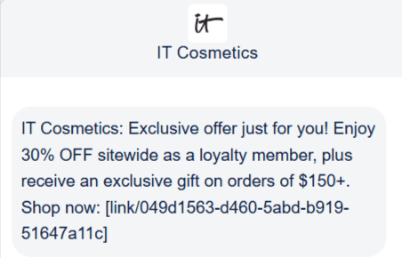 Promotional SMS example from IT Cosmetics