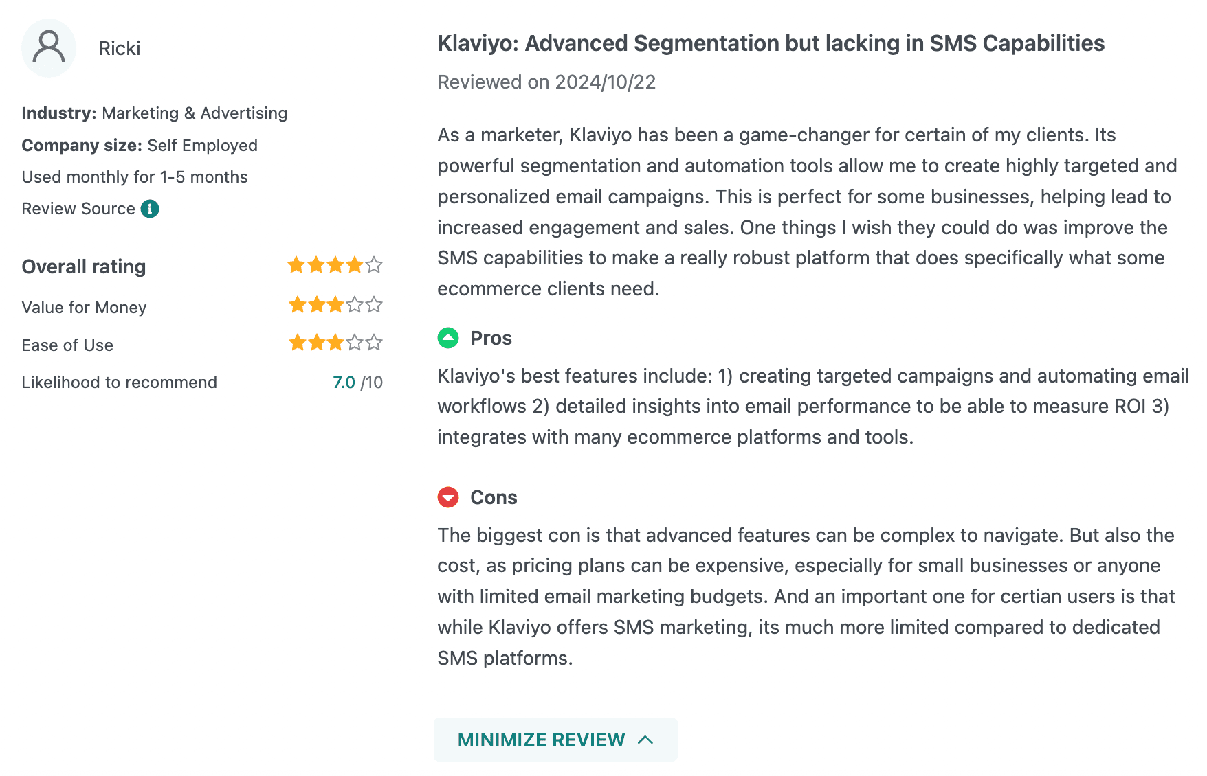 Review on Klaviyo from GetApp