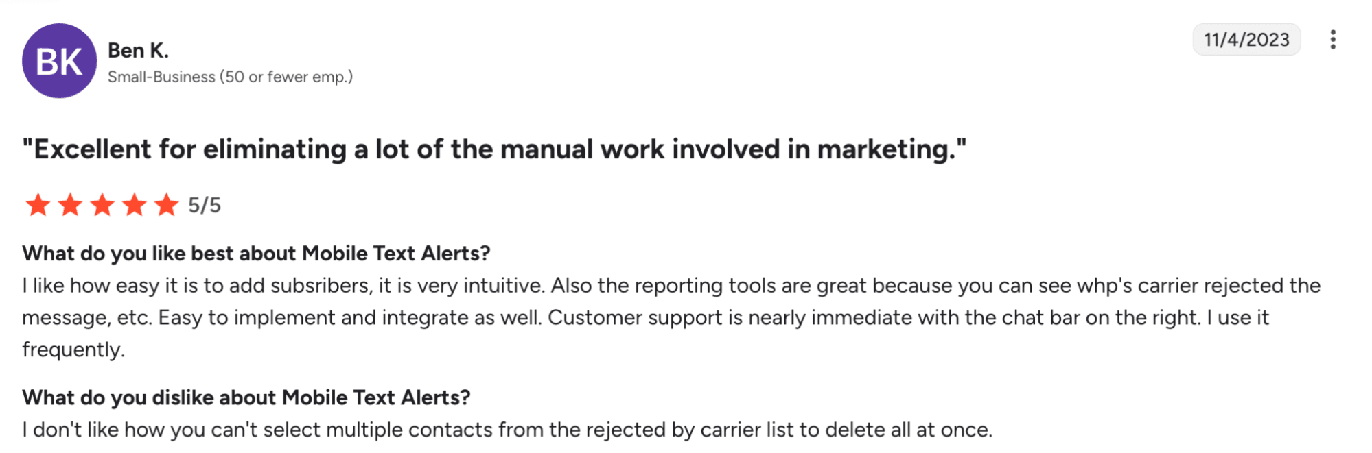 Mobile Text Alerts review on G2 on eliminating manual work