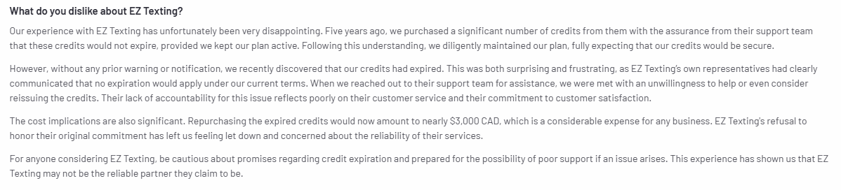 Customer complains about EZ Texting's unwillingness to help