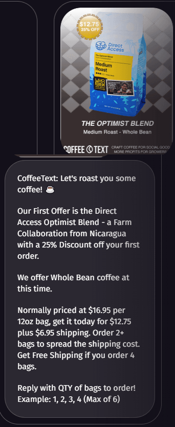 Example of text-to-buy with Mule Coffee