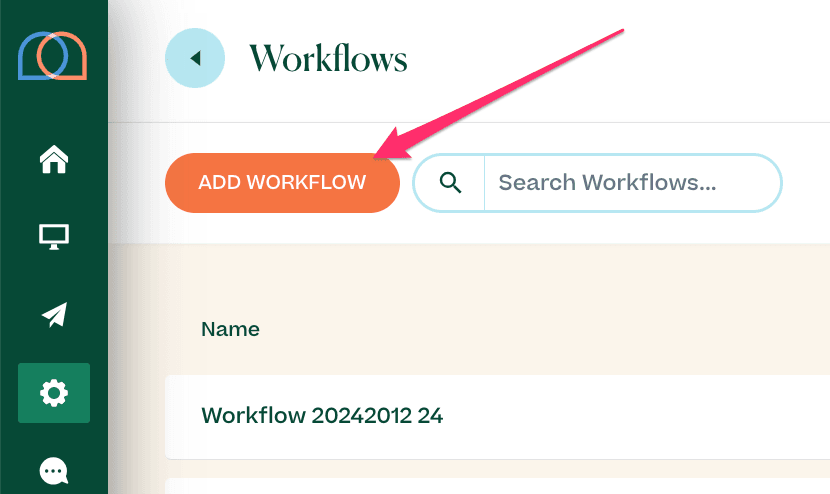 Screenshot showing where to click to add a workflow