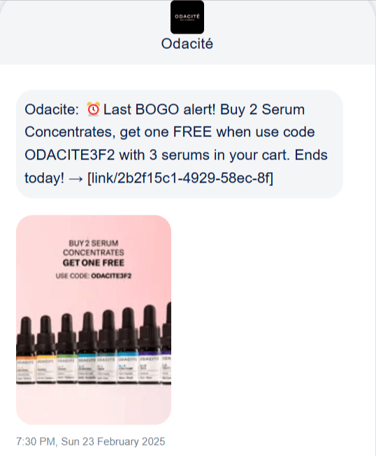 Promotional SMS example from Odacite