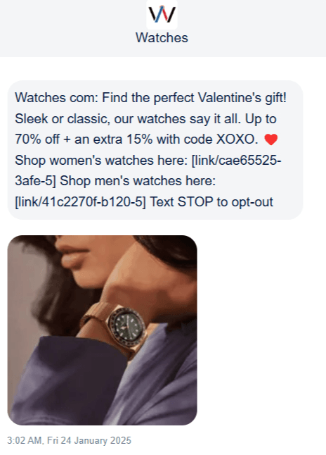 Promotional SMS example from Watches.com