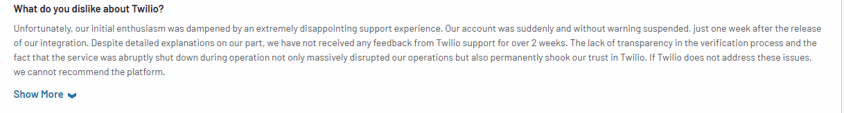 Customer complains about Twilio's customer support