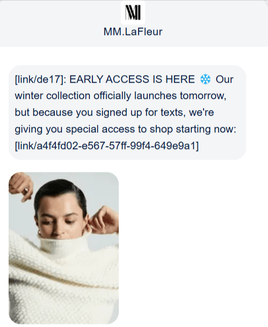 Promotional SMS example from M.M.LaFleur