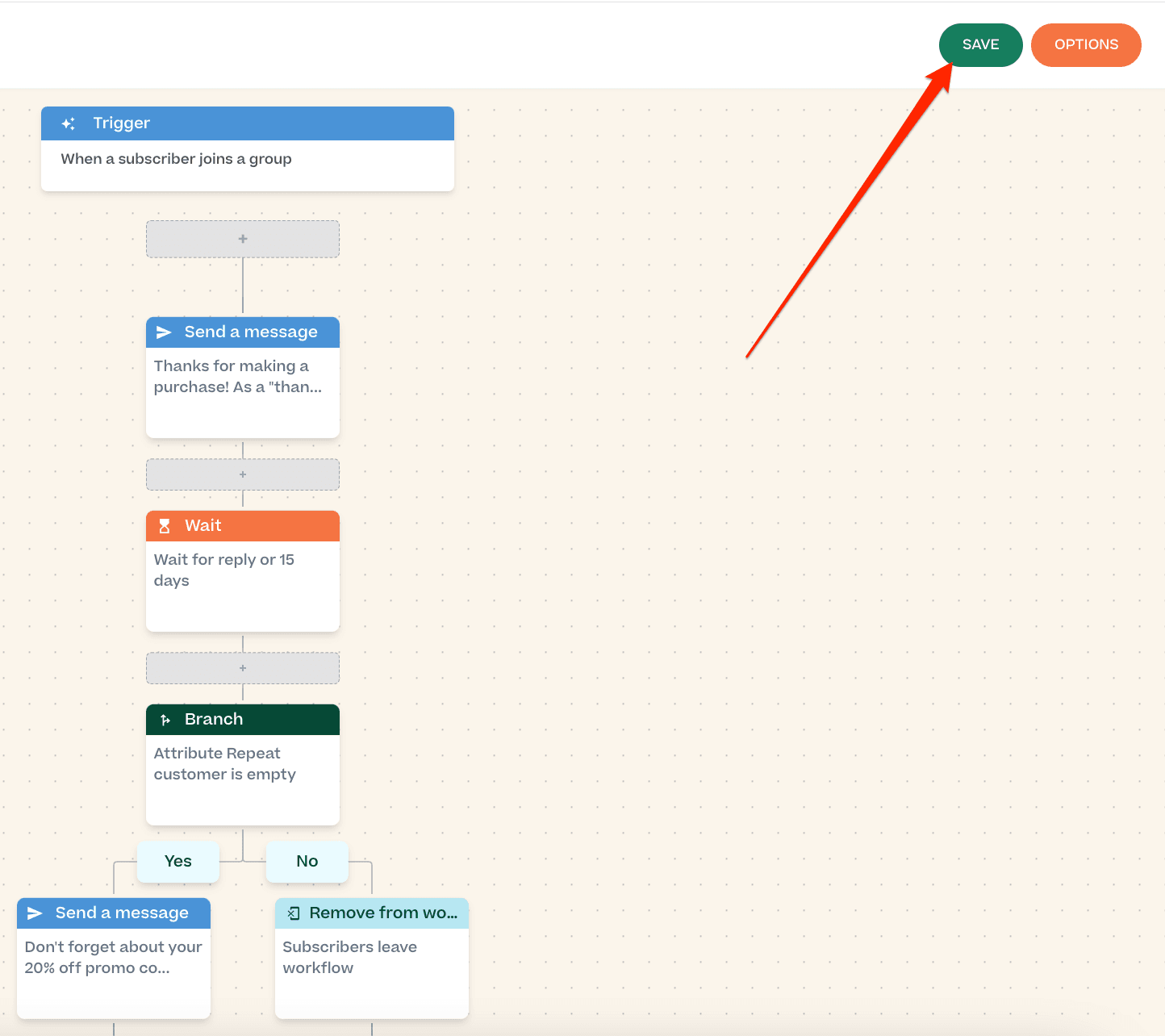 Screenshot showing how to save a workflow in the Mobile Text Alerts dashboard
