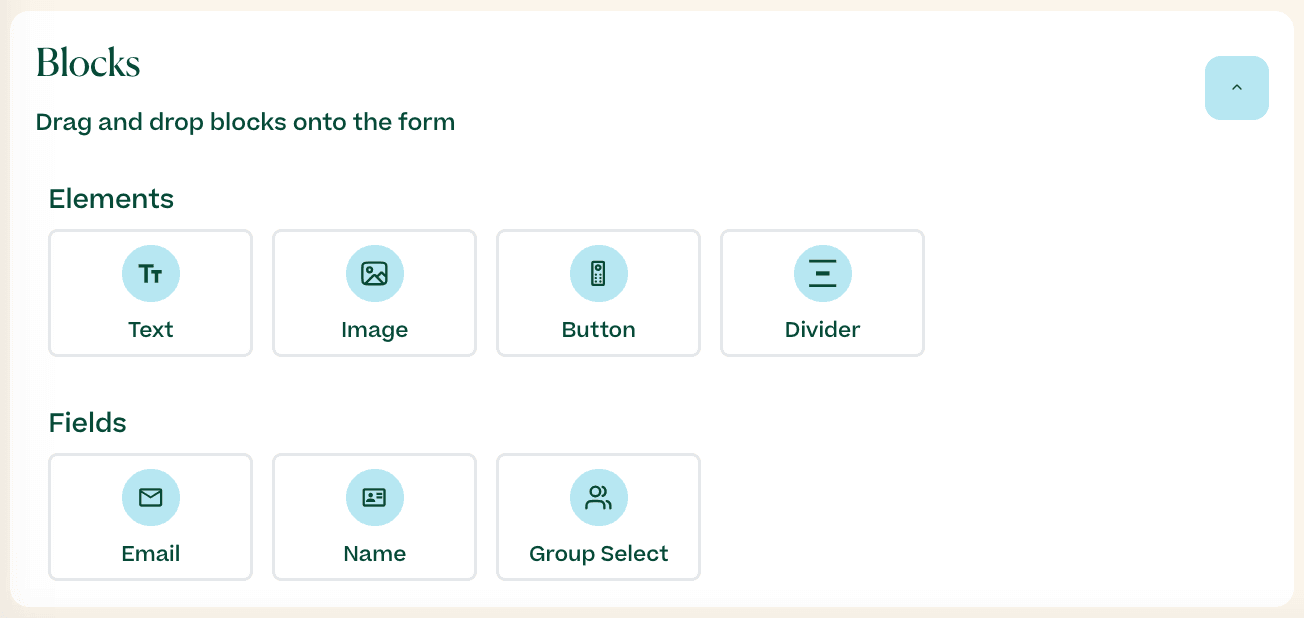 Screenshot showing opt-in form builder blocks in the Mobile Text Alerts dashboard