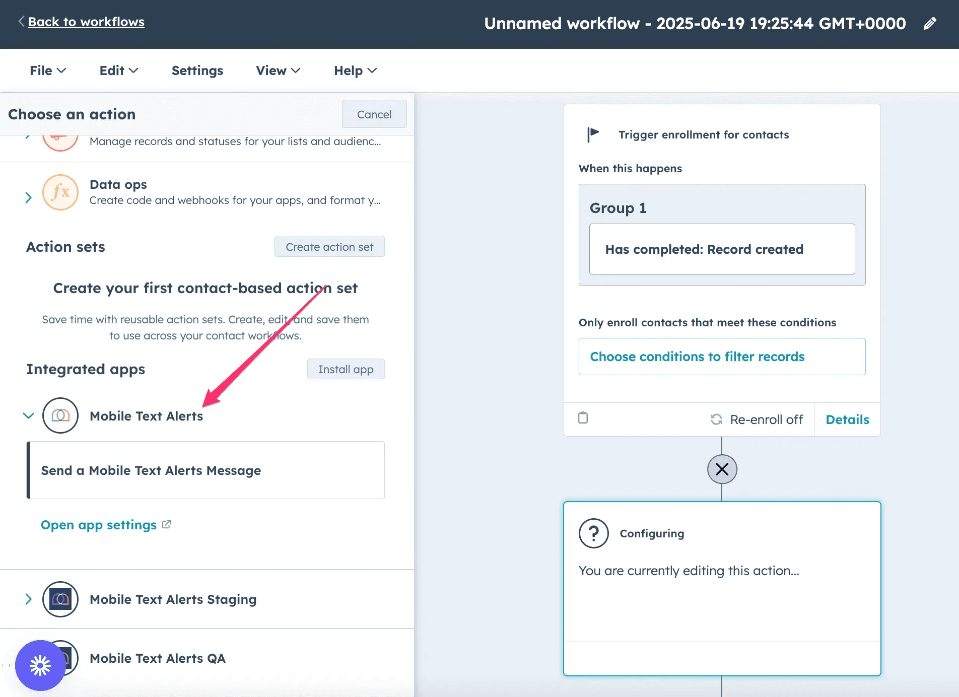 Screenshot showing setting up an SMS workflow option within HubSpot