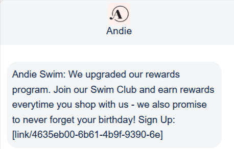 Promotional SMS example from Andie Swim