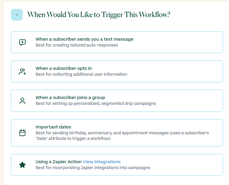 Screenshot showing SMS workflow trigger option in the Mobile Text Alerts dashboard