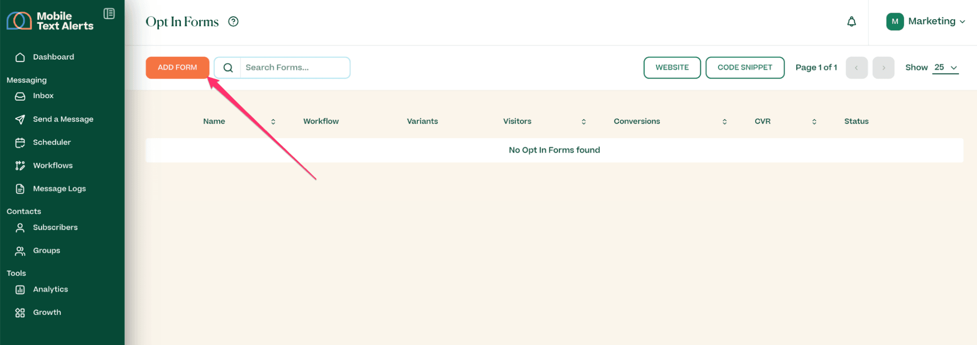 Screenshot showing adding a form in the Mobile Text Alerts dashboard