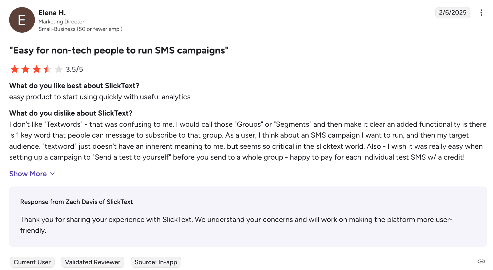 Review on SlickText from G2 about confusing terminology