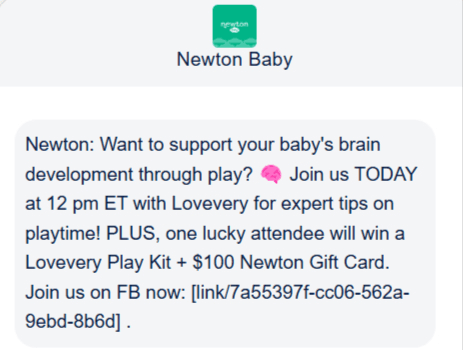 Promotional SMS example from Newton Baby