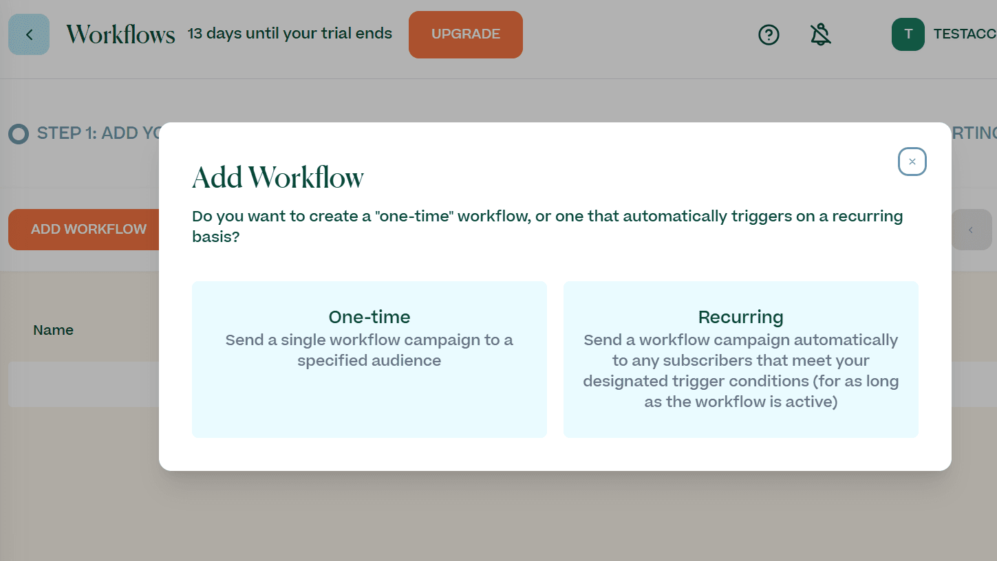 Screenshot showing adding a one-time or recurring workflow