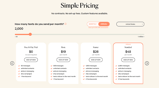 Mobile Text Alert's pricing page
