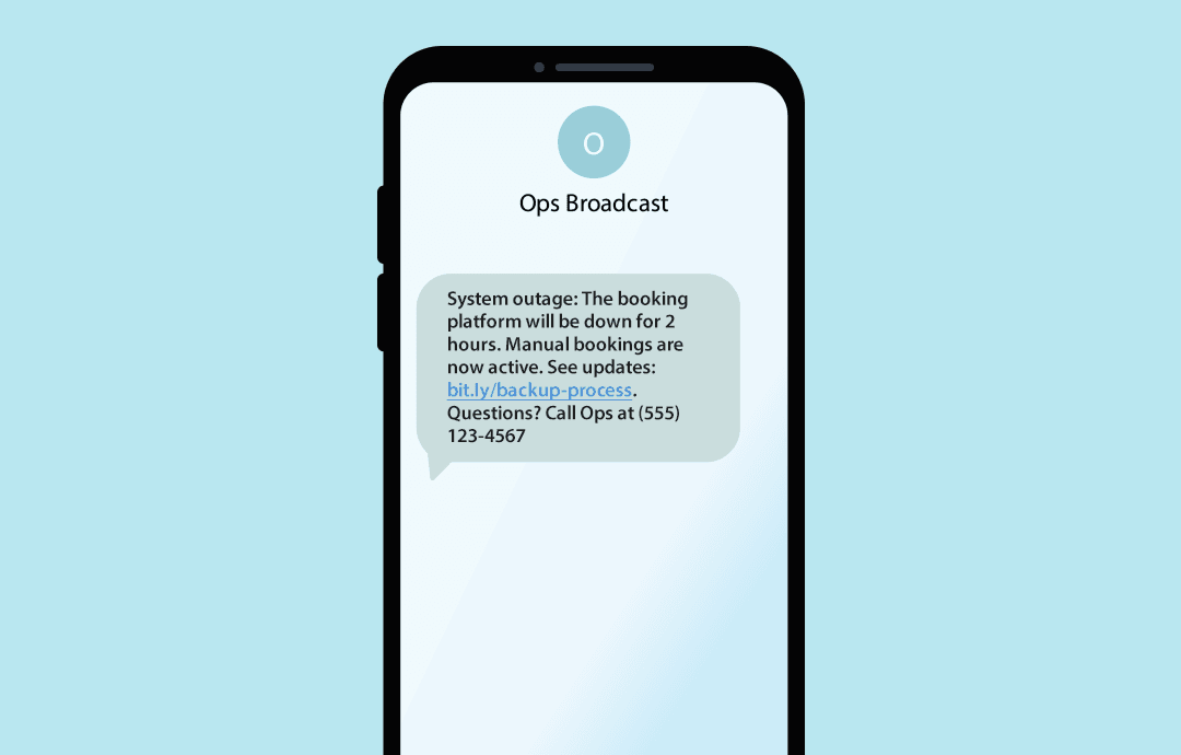Example of internal SMS about system outage