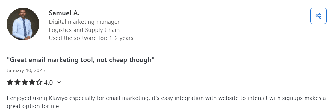 Screenshot of Klaviyo review