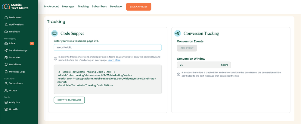 Screenshot showing the conversion tracking feature in the Mobile Text Alerts dashboard