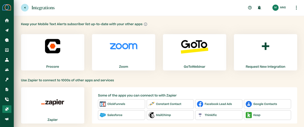 Screenshot of integrations page in Mobile Text Alerts dashboard
