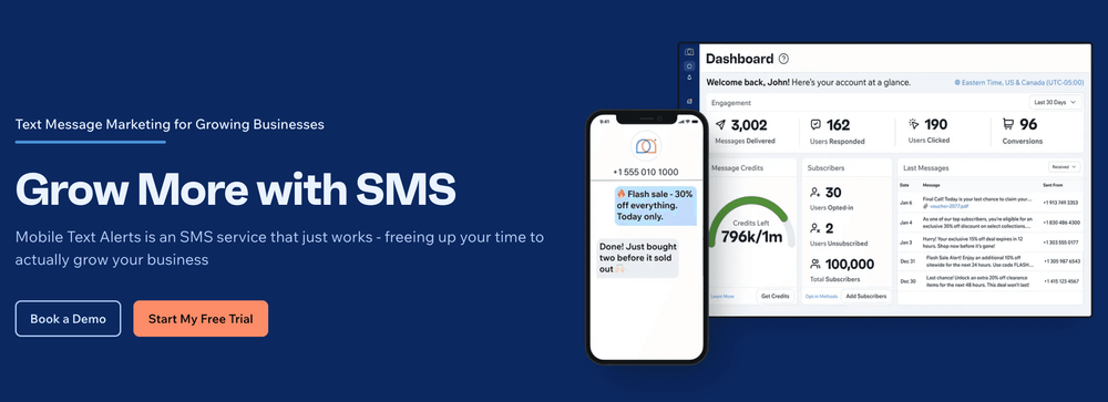 Screenshot of Mobile Text Alerts home page