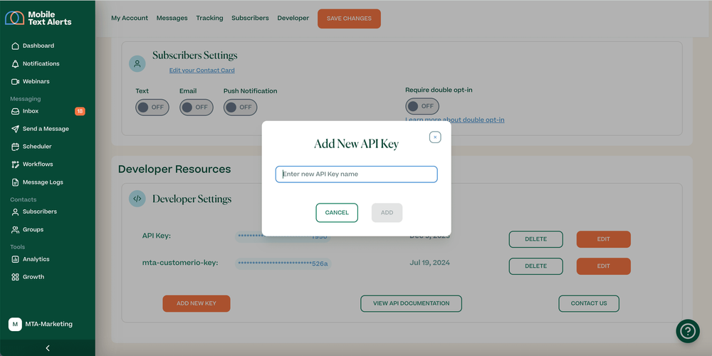 Screenshot of adding SMS API key
