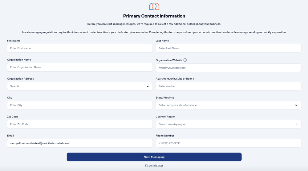 A screenshot of the Primary Contact Information form for the phone number verification process