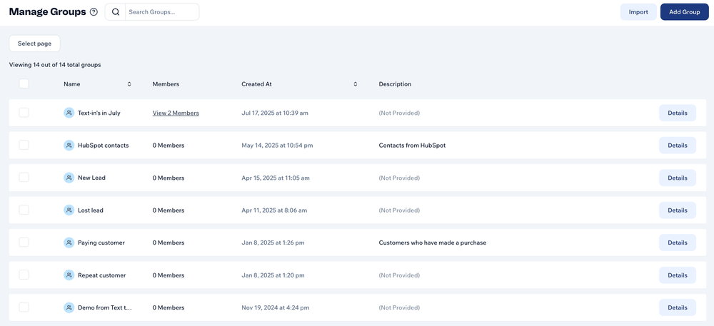Screenshot of "Manage Groups" page in Mobile Text Alerts dashboard