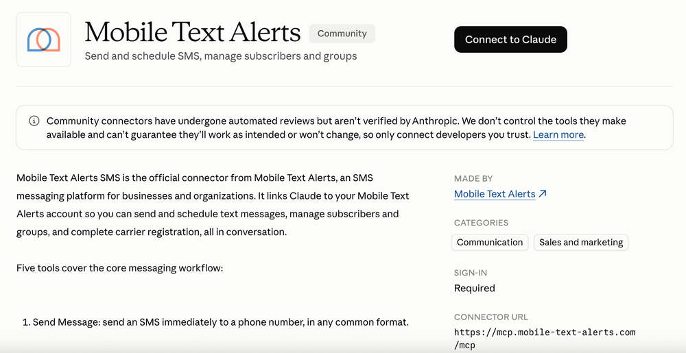Screenshot of Mobile Text Alerts listing within Claude connector directory