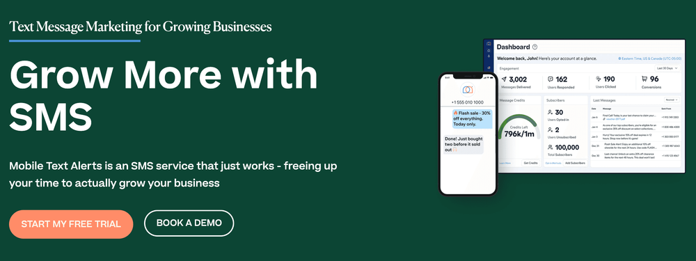 Screenshot of Mobile Text Alerts home page