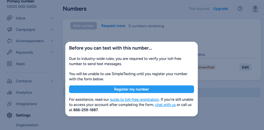 Screenshot of registration requirement for SimpleTexting trial