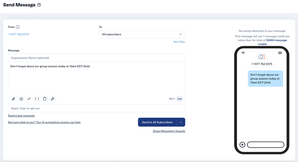 Screenshot of "Send Message" page in the Mobile Text Alerts dashboard
