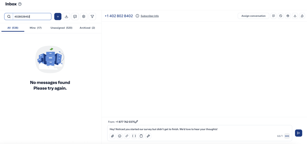 Screenshot of Mobile Text Alerts inbox page sending a survey followup