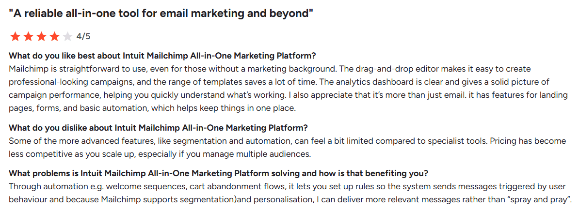 Screenshot of Mailchimp review from G2