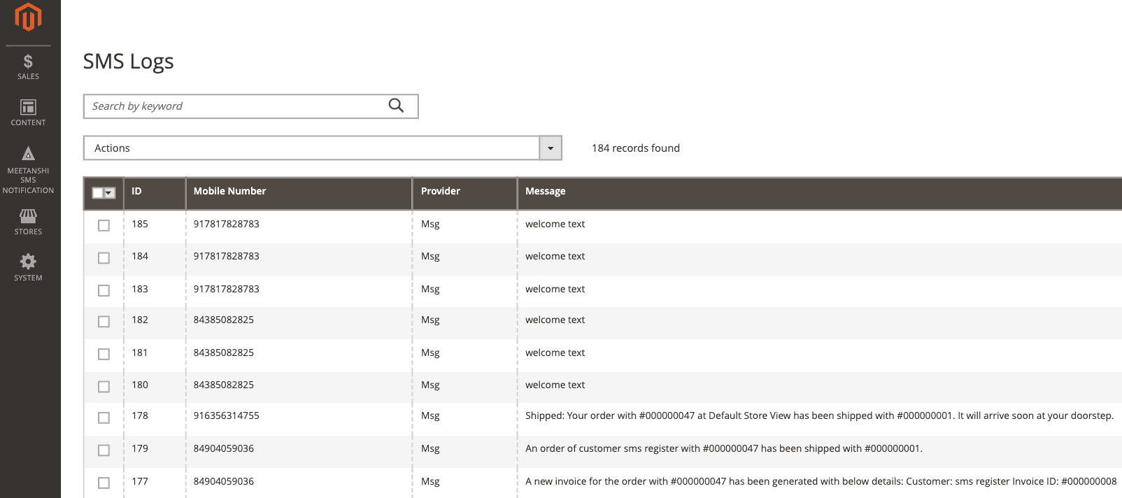 Screenshot from Meetanshi's SMS Notification Extension for Magento 2