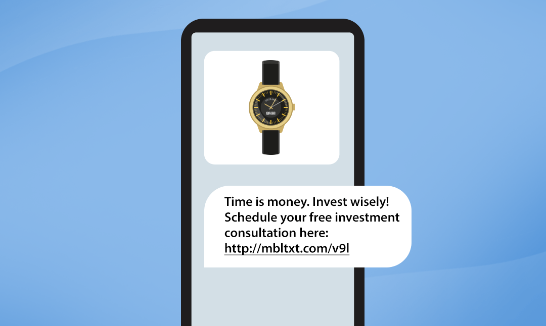 A phone with an MMS showing a watch on a clean, white background with the corresponding text message below