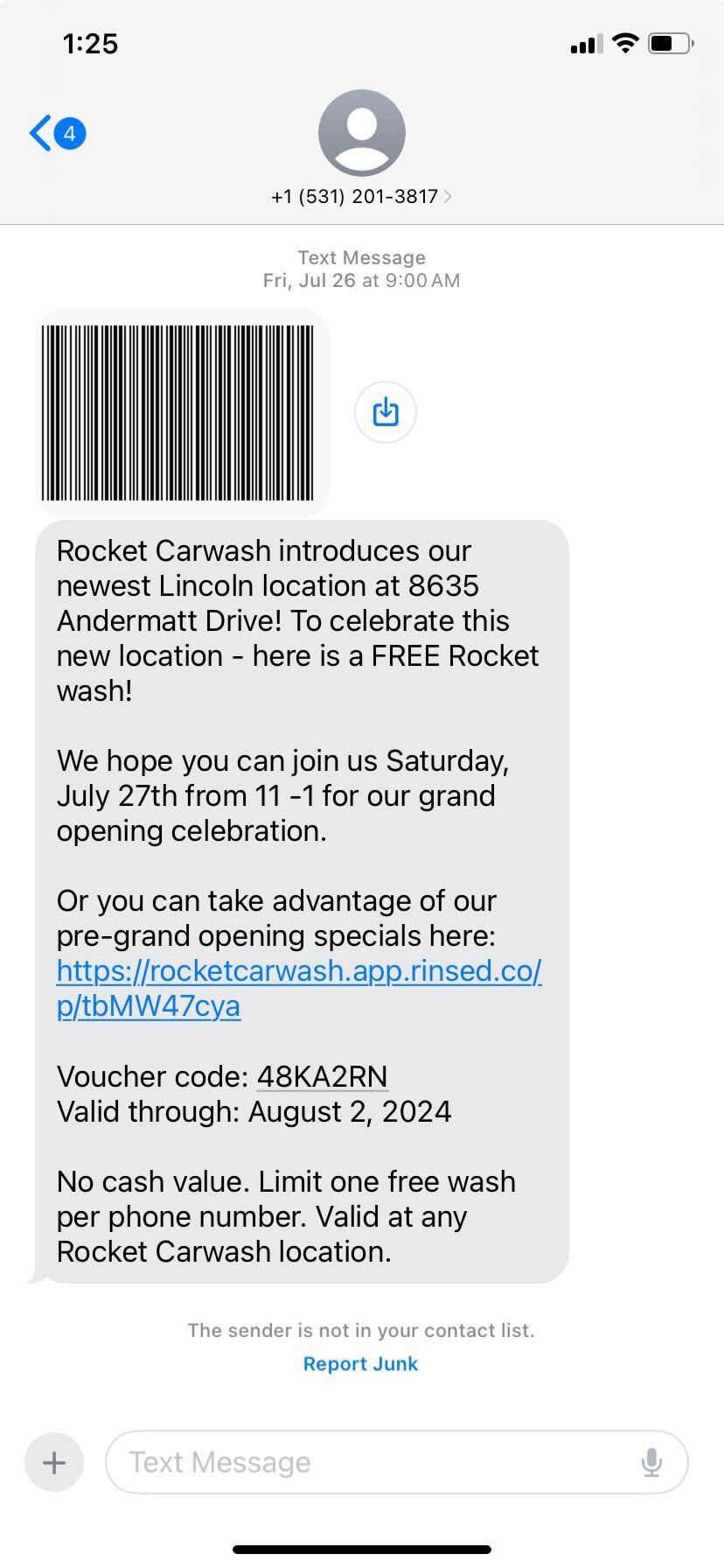 SMS ad for rocket carwash