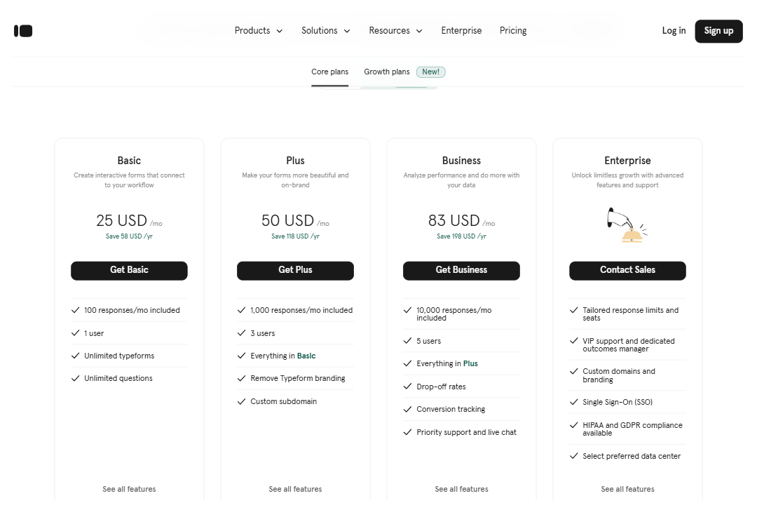 Screenshot of Typeform plans