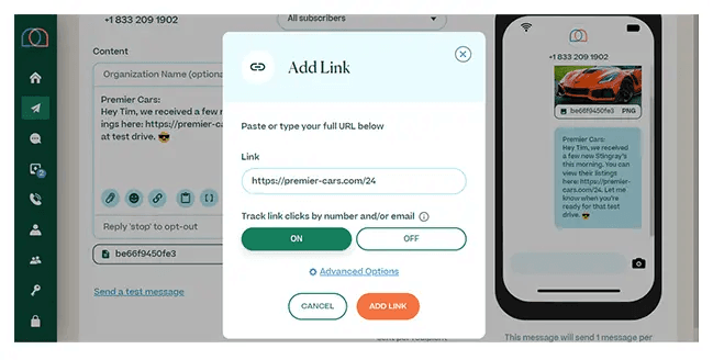 Screenshot of the Mobile Text Alerts SMS link shortener