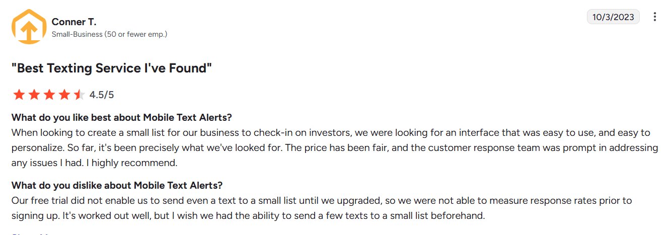 Screenshot of Mobile Text Alerts review