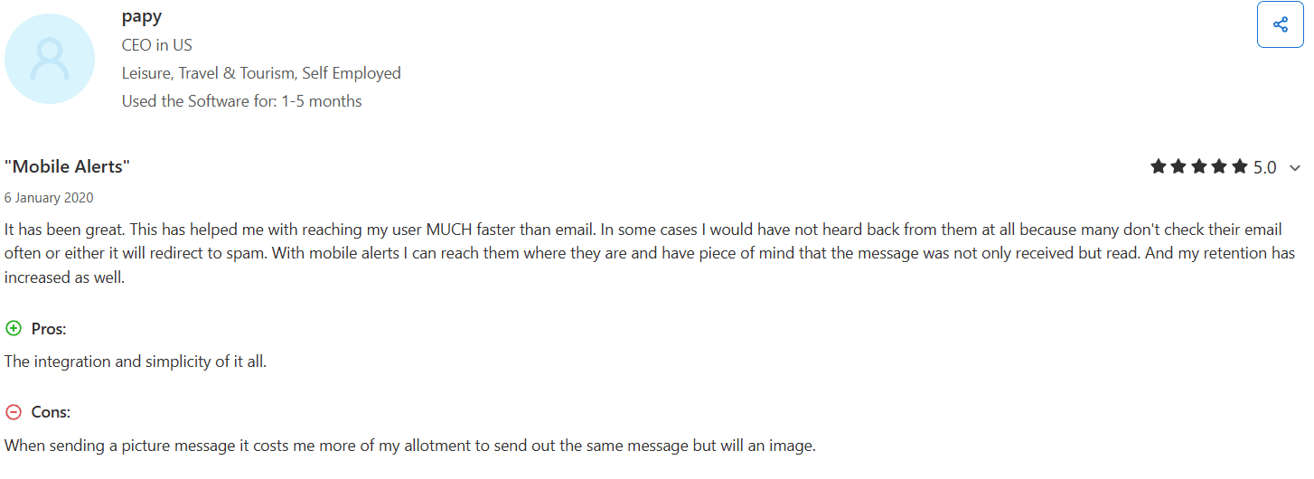 Screenshot of review for Mobile Text Alerts