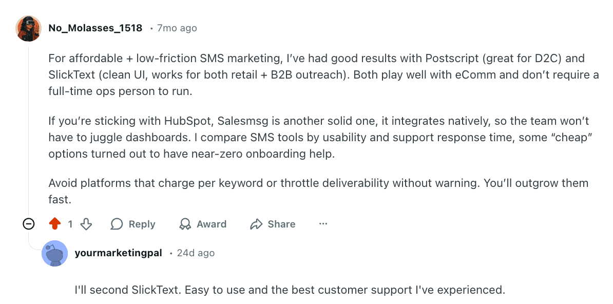 Screenshot of Reddit comment about SlickText and other SMS platforms