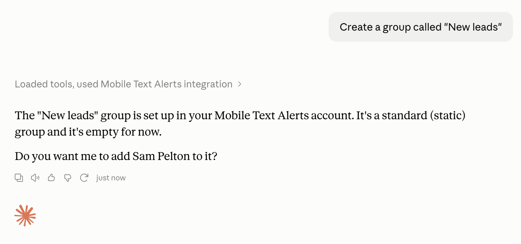 Screenshot showing adding a group to Mobile Text Alerts via Claude
