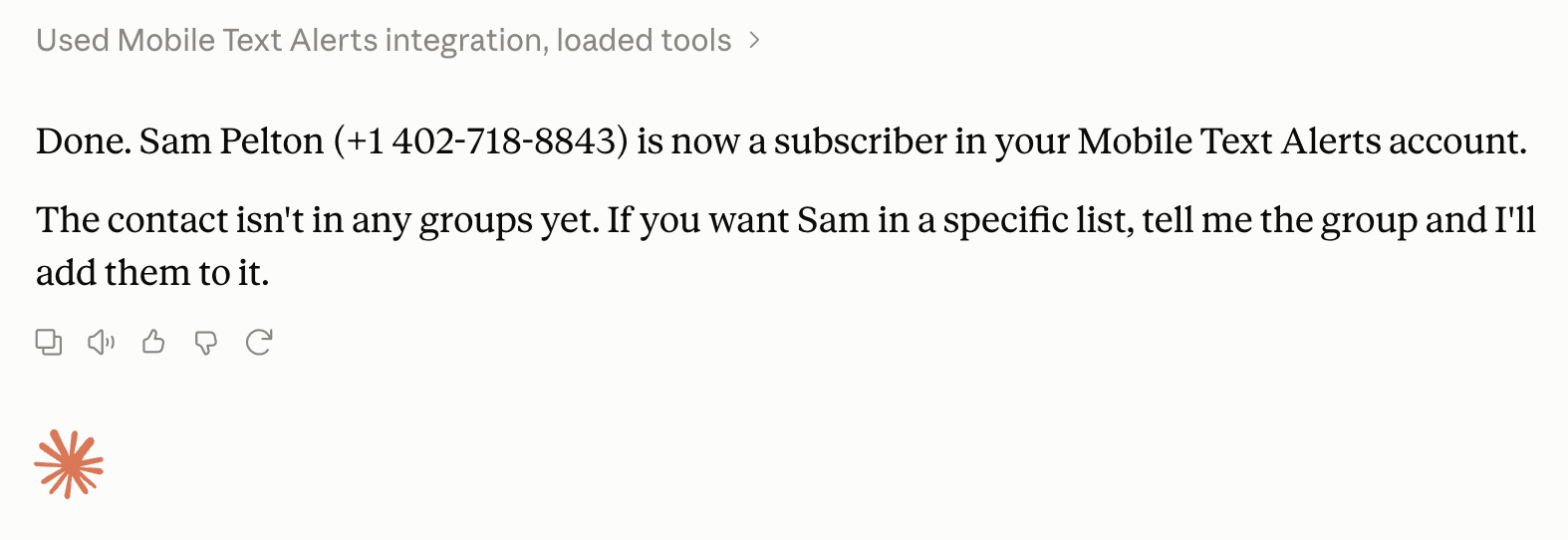 Screenshot confirming that a Mobile Text Alerts contact was added via Claude
