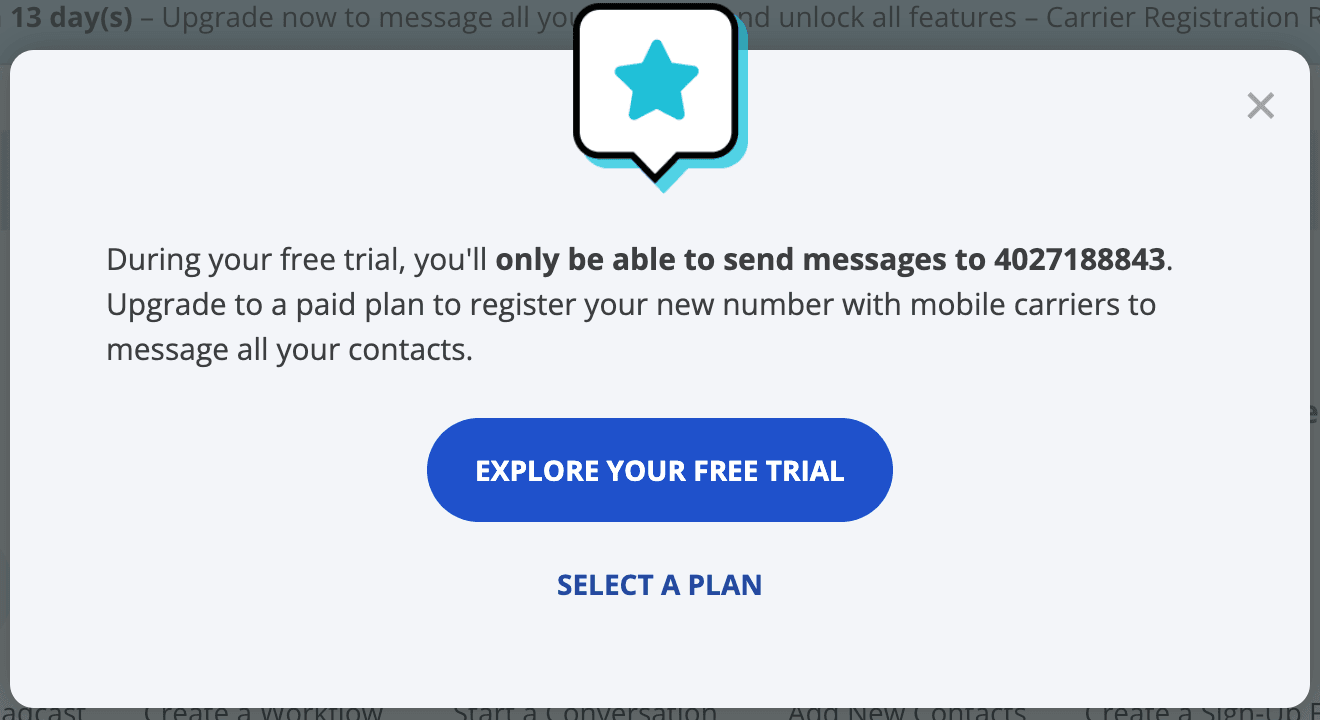 Screenshot of EZ Texting trial notice