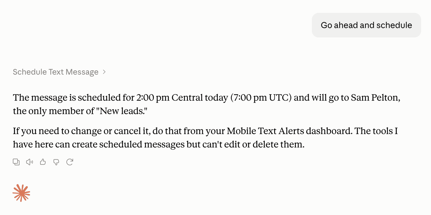Screenshot of a Mobile Text Alerts message scheduling confirmation via Claude